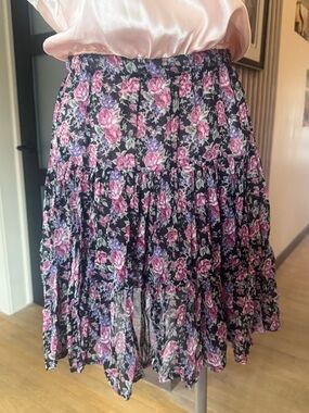 VTG Floral Tiered Midi Skirt | Black w/ Pink, Purple Roses | Sz XS